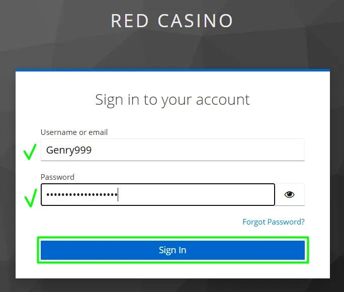 Red Casino login form